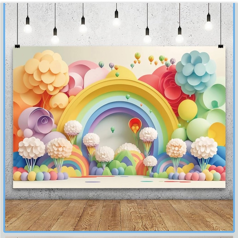 Whimsical Rainbow Balloon & Floral Backdrop